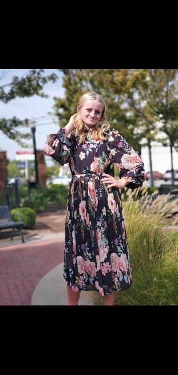 Hailey - Floral Print Pleated Midi Dress by Flying Tomato L